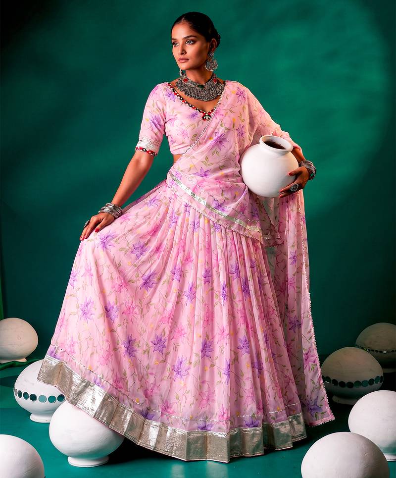 Navratri Special Floral Printed Tabby Silk Stitched Free Size Lehenga Choli