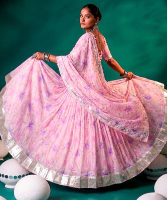 Navratri Special Floral Printed Tabby Silk Stitched Free Size Lehenga Choli 4