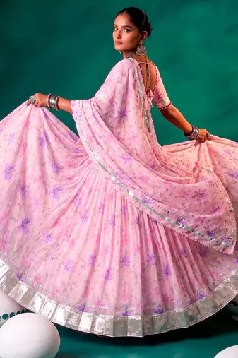 Navratri Special Floral Printed Tabby Silk Stitched Free Size Lehenga Choli