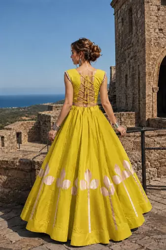 Olive Silk Blend Free Size Stitched Navratri Lehenga Choli with Mirror & Gamthi Embroidery Work