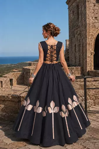 Black Silk Blend Free Size Stitched Navratri Lehenga Choli with Mirror & Gamthi Embroidery Work