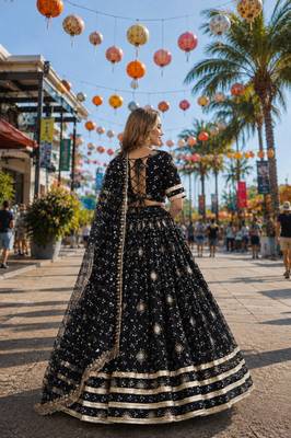 Black Georgette Free Size Stitched Navratri Lehenga Choli with Bandhej & Embroidery Work 2