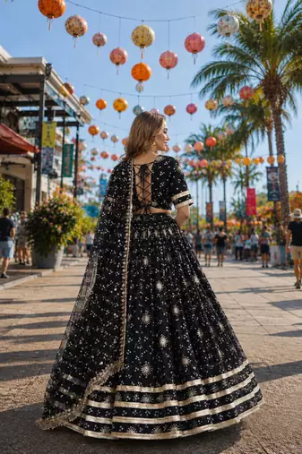 Black Georgette Free Size Stitched Navratri Lehenga Choli with Bandhej & Embroidery Work