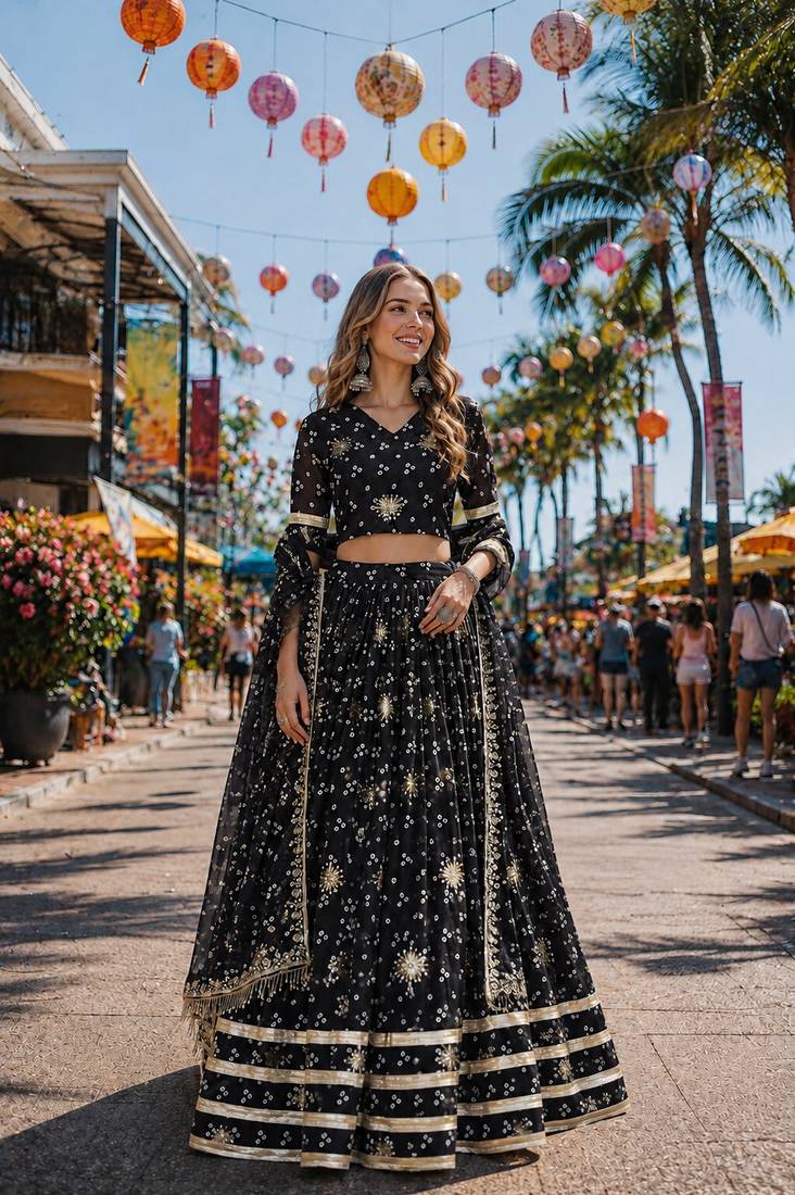 Black Georgette Free Size Stitched Navratri Lehenga Choli with Bandhej & Embroidery Work
