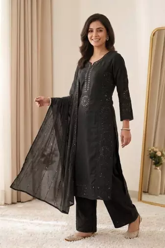 black color sequence embroidery and mirror work chanderi salwar suit