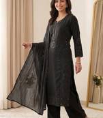 black color sequence embroidery and mirror work chanderi salwar suit