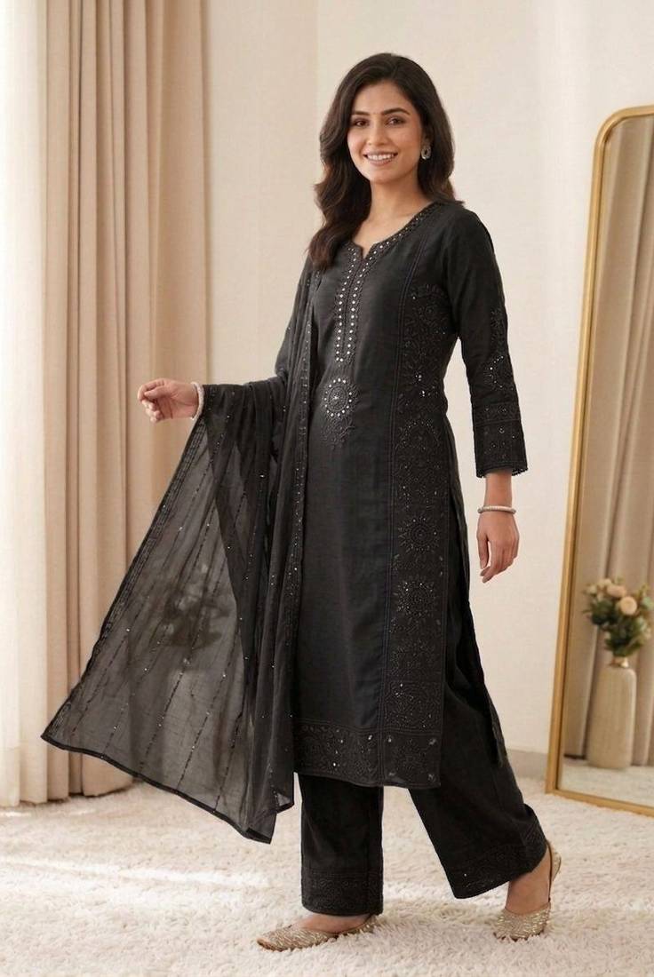 black color sequence embroidery and mirror work chanderi salwar suit