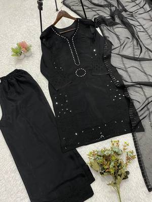 black color sequence embroidery and mirror work chanderi salwar suit 3