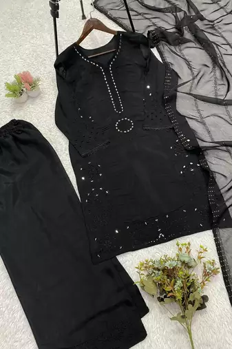 black color sequence embroidery and mirror work chanderi salwar suit
