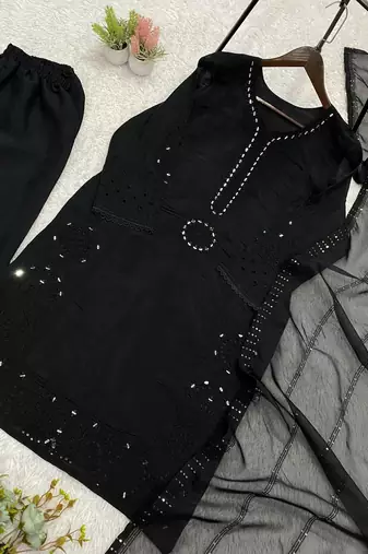 black color sequence embroidery and mirror work chanderi salwar suit