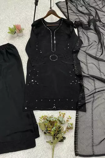 black color sequence embroidery and mirror work chanderi salwar suit