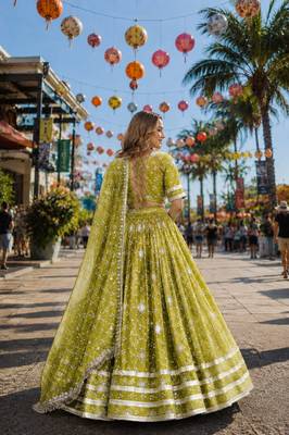 Olive Georgette Free Size Stitched Navratri Lehenga Choli with Bandhej & Embroidery Work 2