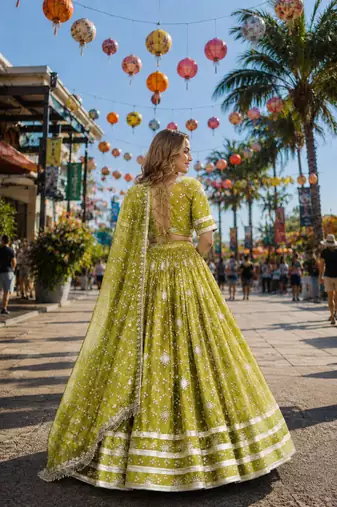 Olive Georgette Free Size Stitched Navratri Lehenga Choli with Bandhej & Embroidery Work