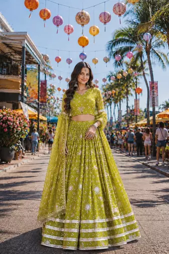 Olive Georgette Free Size Stitched Navratri Lehenga Choli with Bandhej & Embroidery Work