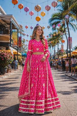Rani Georgette Free Size Stitched Navratri Lehenga Choli with Bandhej & Embroidery Work 3