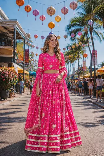 Rani Georgette Free Size Stitched Navratri Lehenga Choli with Bandhej & Embroidery Work