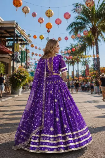 Violet Georgette Free Size Stitched Navratri Lehenga Choli with Bandhej & Embroidery Work