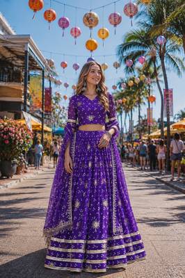 Violet Georgette Free Size Stitched Navratri Lehenga Choli with Bandhej & Embroidery Work 3