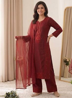 maroon color sequence embroidery and mirror work chanderi salwar suit 1
