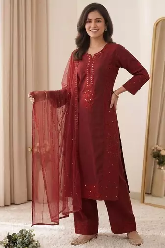 maroon color sequence embroidery and mirror work chanderi salwar suit