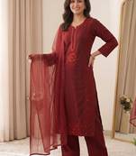 maroon color sequence embroidery and mirror work chanderi salwar suit