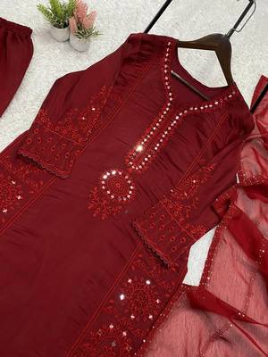 maroon color sequence embroidery and mirror work chanderi salwar suit 2