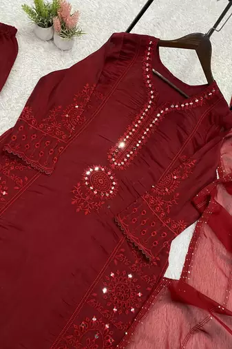 maroon color sequence embroidery and mirror work chanderi salwar suit
