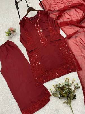 maroon color sequence embroidery and mirror work chanderi salwar suit 3