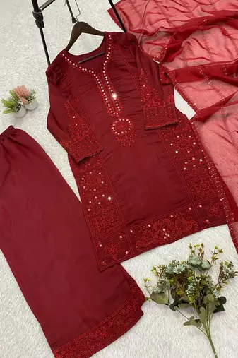 maroon color sequence embroidery and mirror work chanderi salwar suit