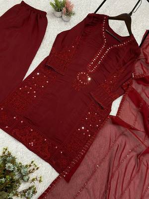 maroon color sequence embroidery and mirror work chanderi salwar suit 4