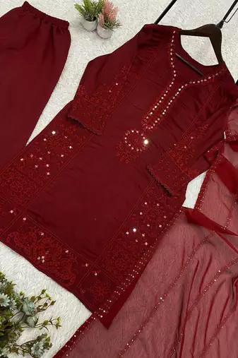 maroon color sequence embroidery and mirror work chanderi salwar suit