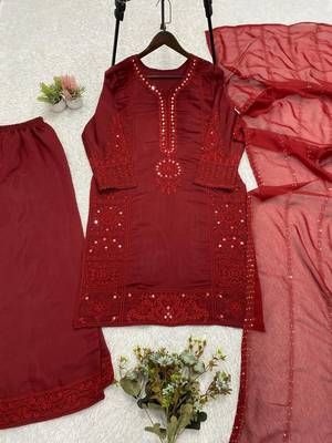 maroon color sequence embroidery and mirror work chanderi salwar suit 5