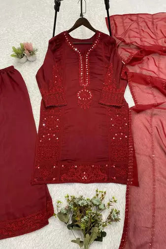 maroon color sequence embroidery and mirror work chanderi salwar suit