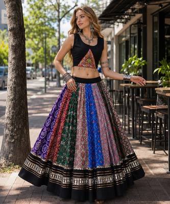 Multi Cotton Free Size Stitched Navratri Lehenga Choli with Kutchi Gamthi Mirrorwork 2