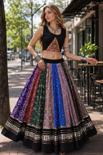 Multi Cotton Free Size Stitched Navratri Lehenga Choli with Kutchi Gamthi Mirrorwork