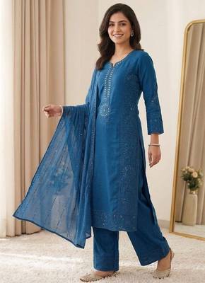 teal color sequence embroidery and mirror work chanderi salwar suit 1