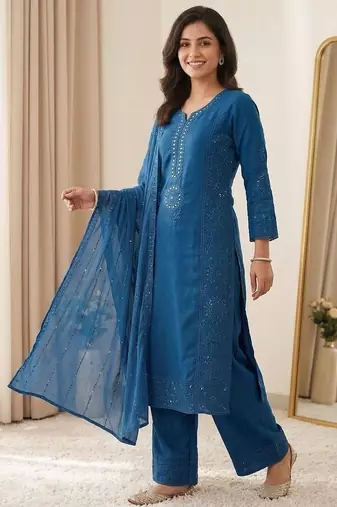 teal color sequence embroidery and mirror work chanderi salwar suit