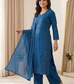 teal color sequence embroidery and mirror work chanderi salwar suit