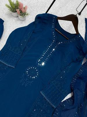teal color sequence embroidery and mirror work chanderi salwar suit 2