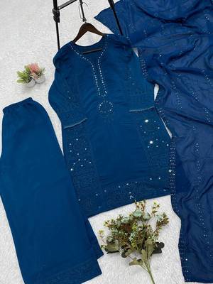 teal color sequence embroidery and mirror work chanderi salwar suit 3