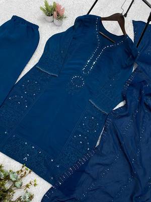 teal color sequence embroidery and mirror work chanderi salwar suit 4
