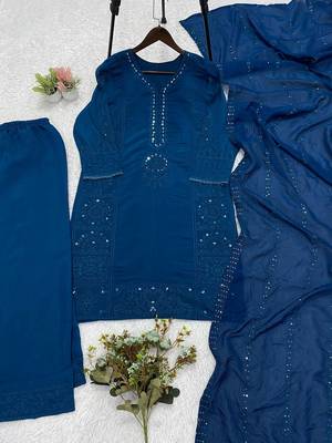 teal color sequence embroidery and mirror work chanderi salwar suit 5