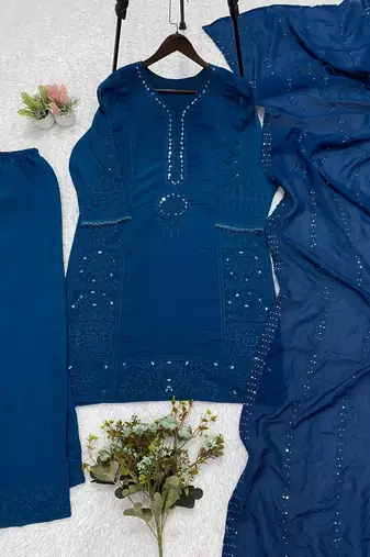 teal color sequence embroidery and mirror work chanderi salwar suit