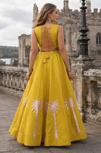 Yellow Silk Blend Free Size Stitched Navratri Lehenga Choli with Kutchi Gamthi Work