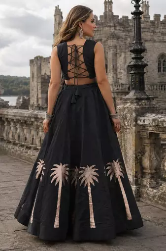 Black Silk Blend Free Size Stitched Navratri Lehenga Choli with Kutchi Gamthi Work