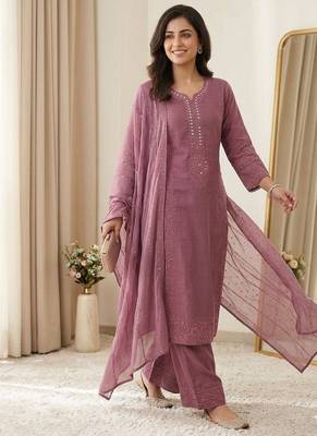 onion pink color sequence embroidery and mirror work chanderi salwar suit 1
