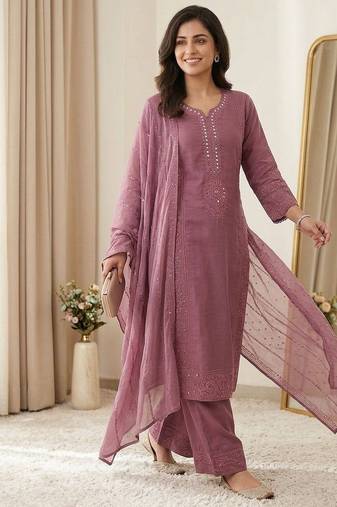 onion pink color sequence embroidery and mirror work chanderi salwar suit