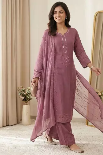 onion pink color sequence embroidery and mirror work chanderi salwar suit