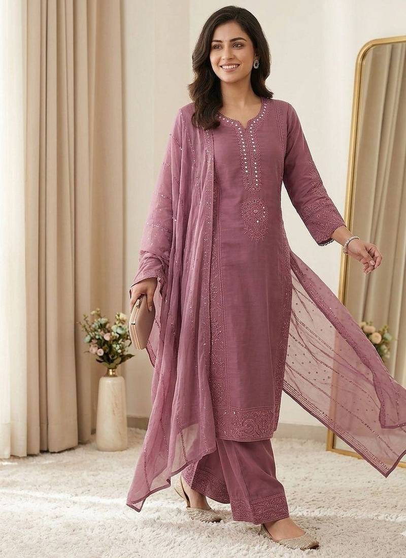 onion pink color sequence embroidery and mirror work chanderi salwar suit