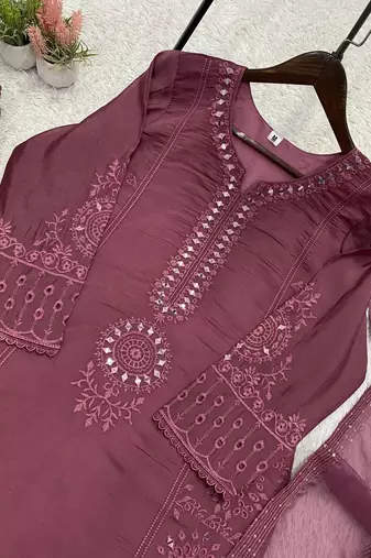 onion pink color sequence embroidery and mirror work chanderi salwar suit